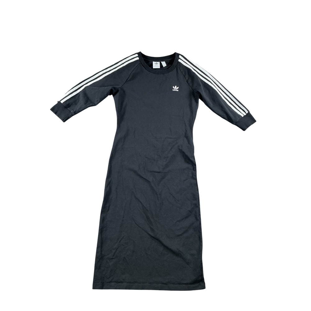 Adidas Originals Womens 3-Stripe Midi Dress Black Trefoil Logo Raglan Sleeve M